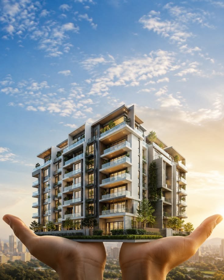 Modern apartment building held in open hands