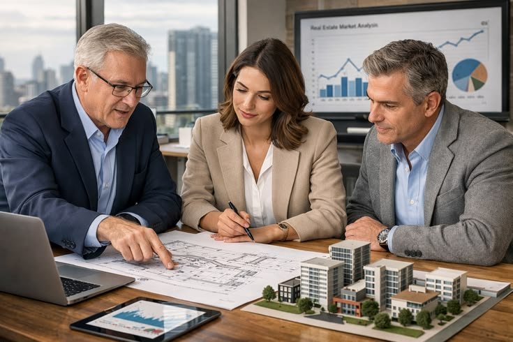 Advisers discussing a market analysis and site plans