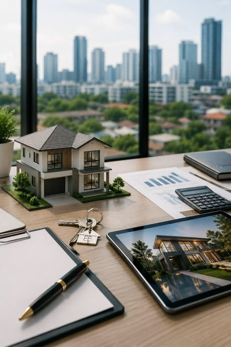 Model house with keys, calculator and tablet on an office desk