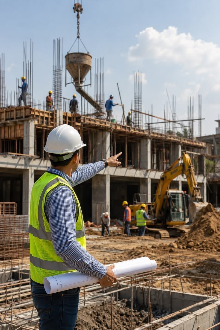 Site engineer pointing across a construction site