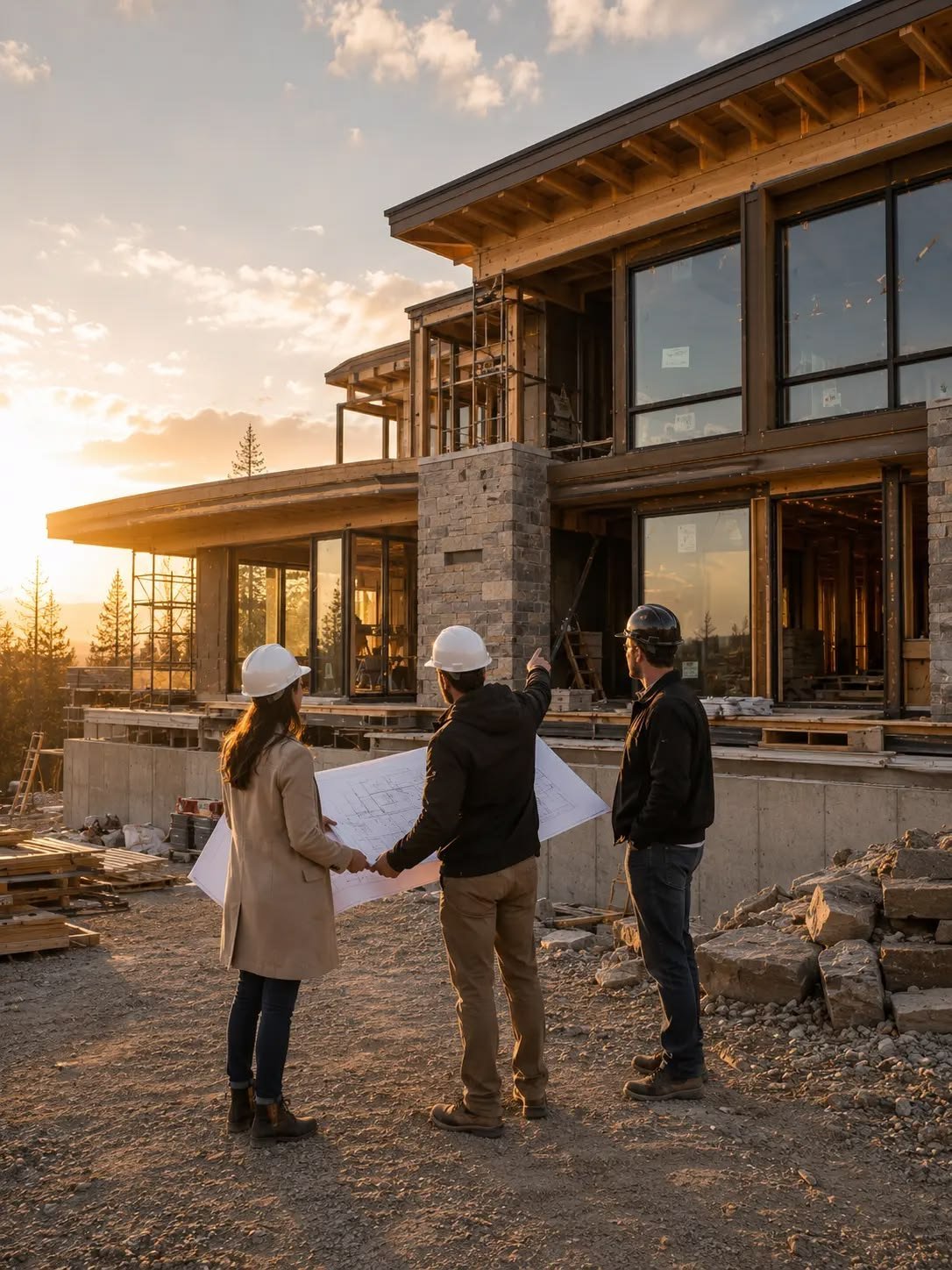 Team reviewing plans in front of a home under construction at sunset